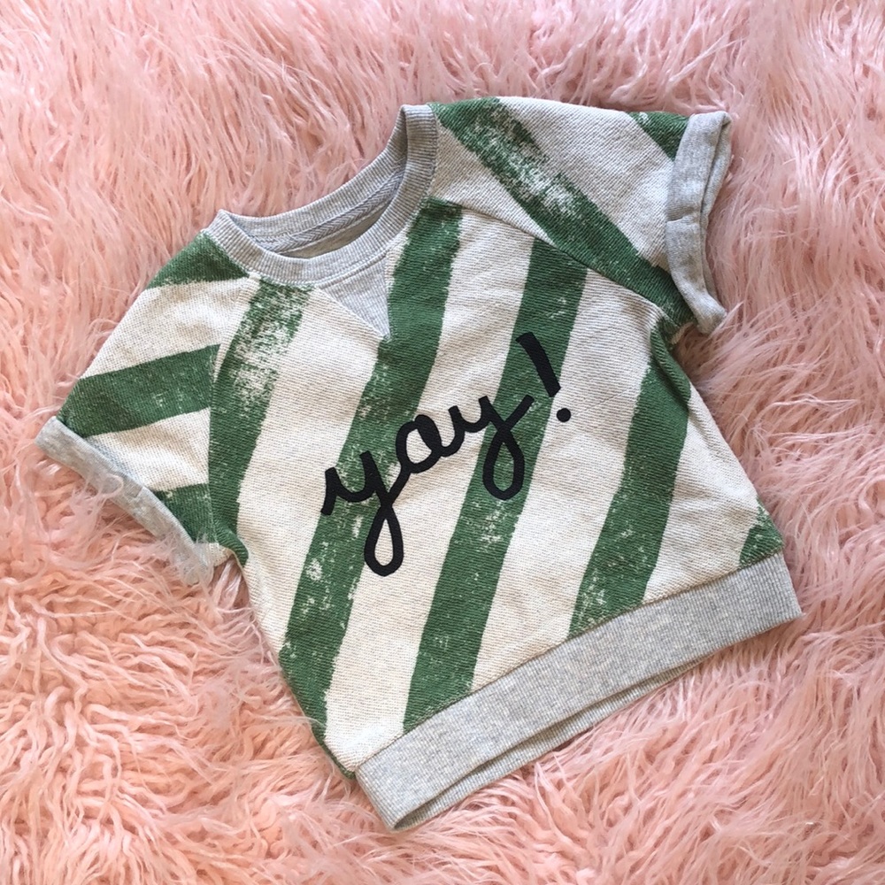 Green/cream striped  with grey trim “YAY” top. 12M